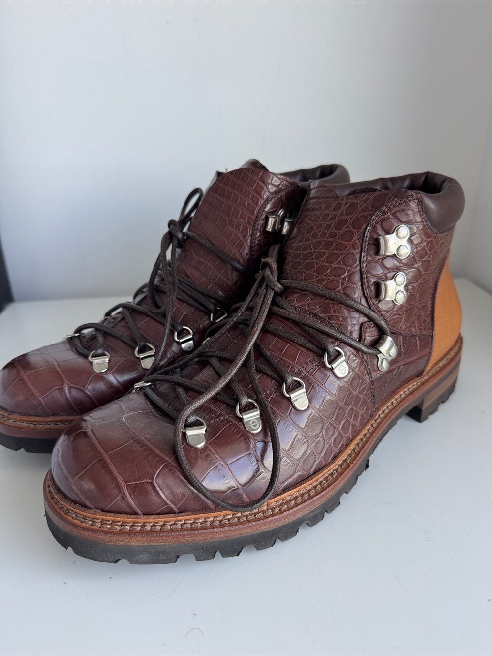Caporicci genuine alligator Brown Leather Lace-Up Hiking Boots